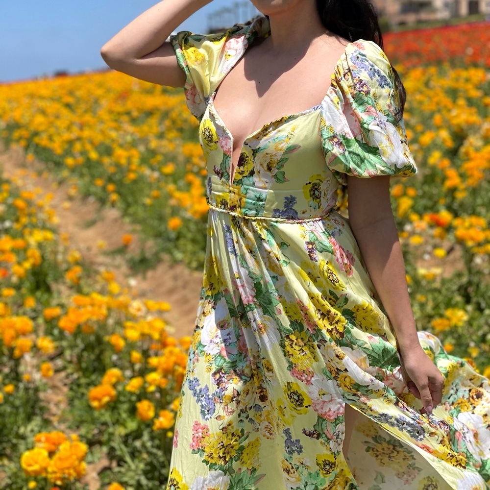 For Love & Lemons Leigh Floral Midi Dress Plunge V-Wire Yellow Small